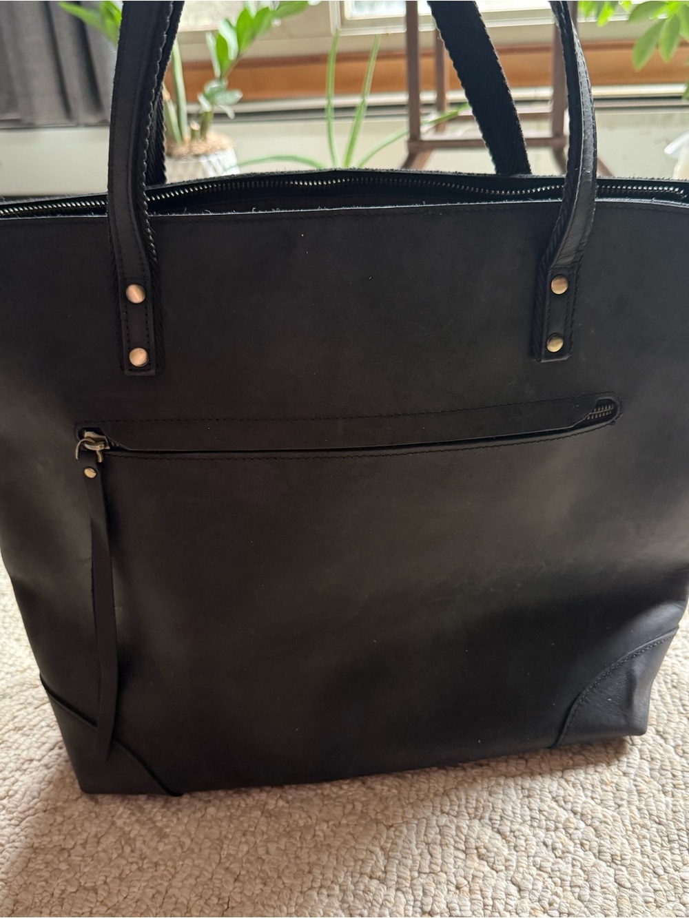 Classic Black Cowhide Leather Tote Bag with Long Strap included